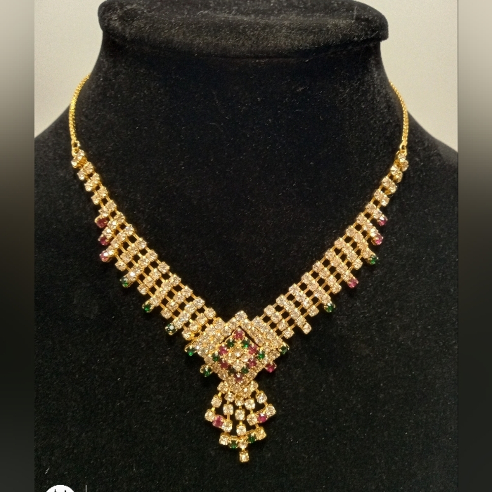 Traditional Gold Plated Indian Haram Necklace Wedding Jewelry Red Green Stones
